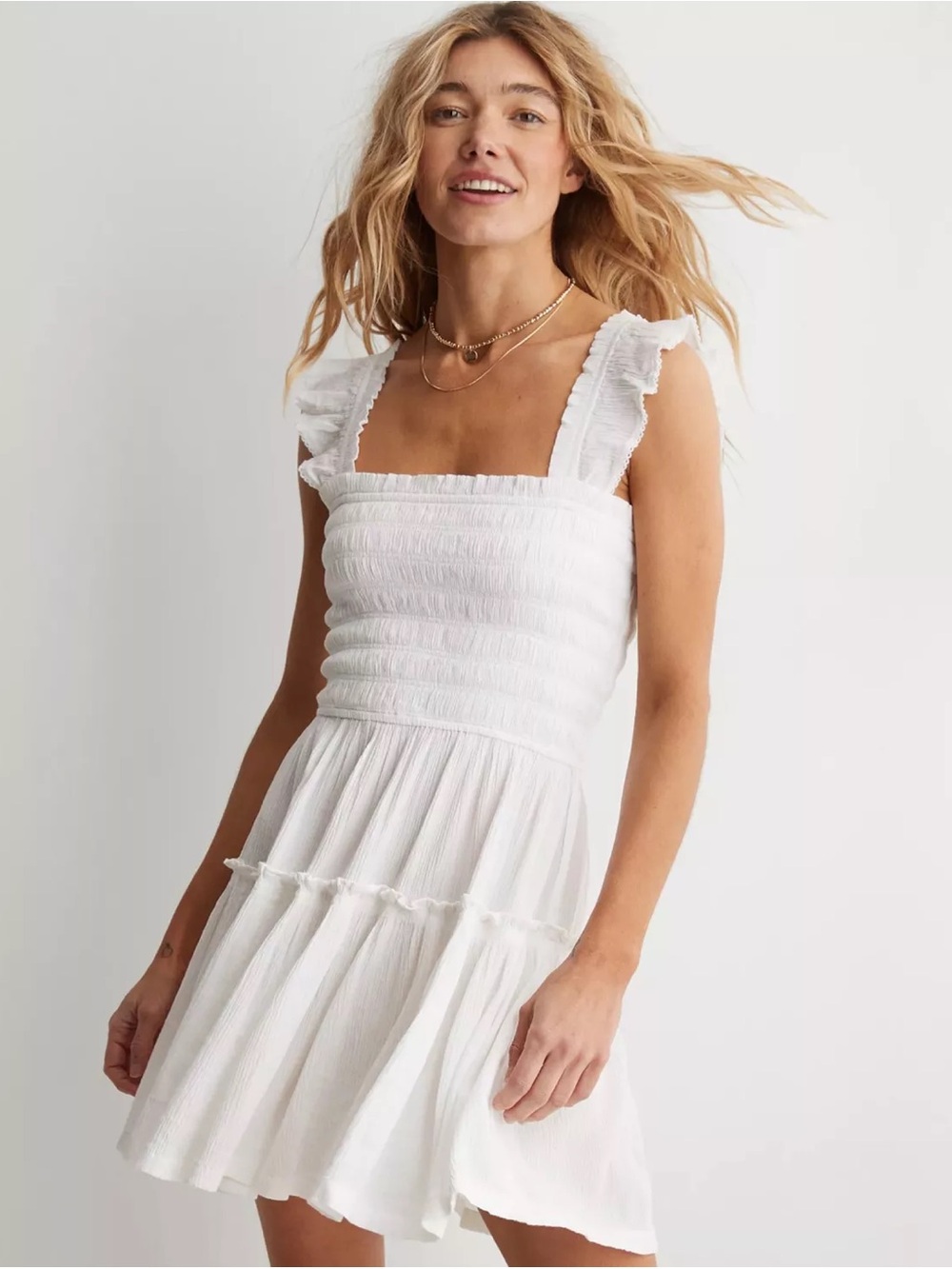 aerie White Smocked Square-Neck Mini Dress